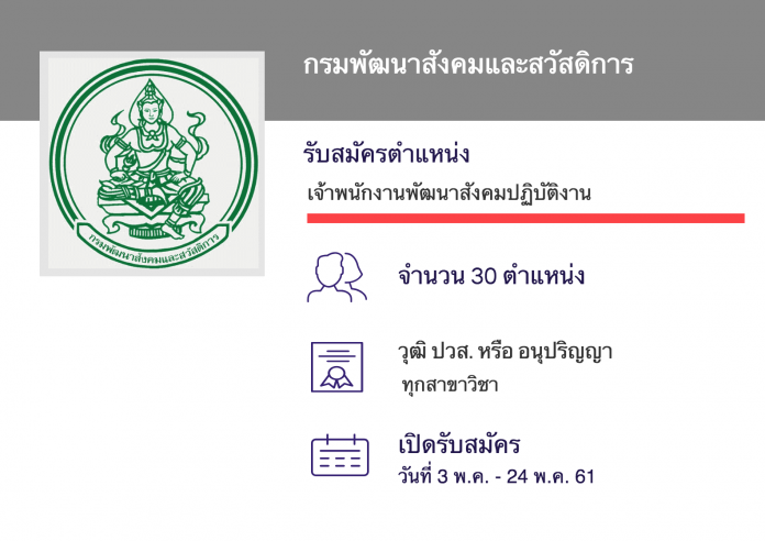 กรมพัฒนาสังคมและสวัสดิการ เปิดสอบงานราชการ งานพัฒนาสังคมปฏิบัติงาน 30 ตำแหน่ง