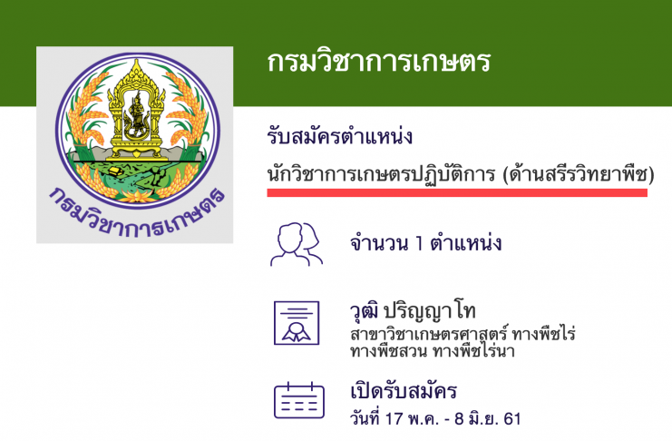 กรมวิชาการเกษตร เปิดสอบงานราชการ นักวิชาการ ระดับปฏิบัติการ (ด้านสรีรวิทยาพืช)